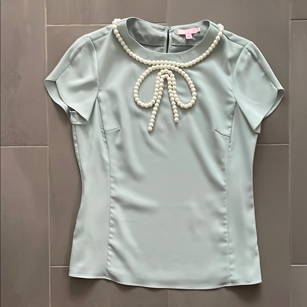 Ted Baker London Light Green Blouse with like Pearl Bow Detailing